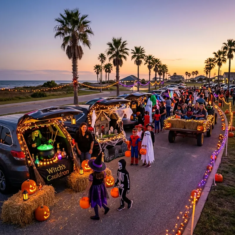 Trunk or Treat event with decorated cars and costumed children